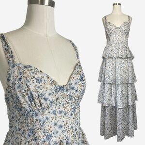 Altar'd State Blue white floral embroidered tiered sweetheart neckline maxi M